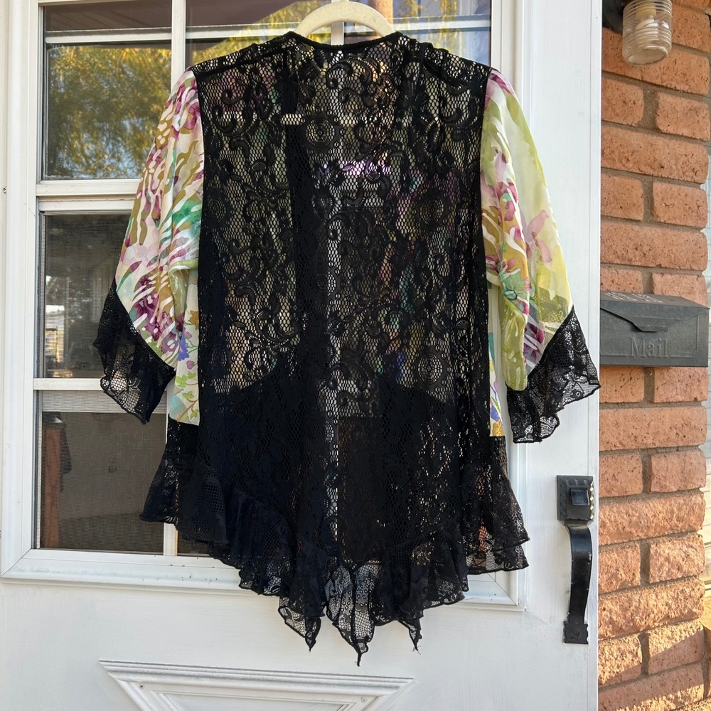 Spencer Alexis Silk Blend Floral Lace Kimono Wrap Top Large Art to Wear Boho - Picture 4 of 9